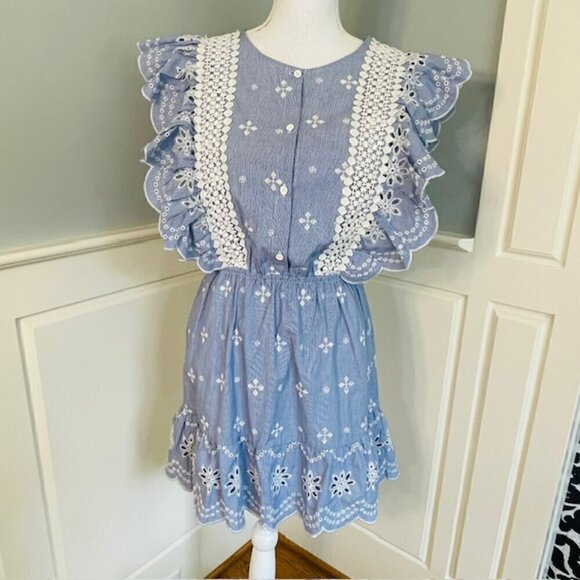 BB Dakota NWT Ruffled Embroidered Eyelet Blue & White Dress Medium - Picture 4 of 11